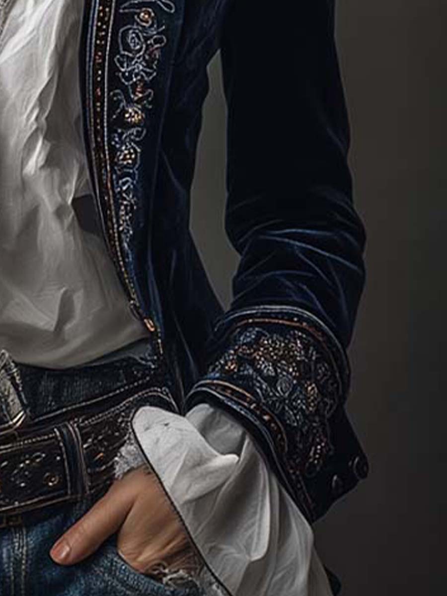 Carmela | Giacca Lunga Vintage in Velluto Blu Navy con Ricami