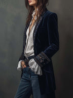 Carmela | Giacca Lunga Vintage in Velluto Blu Navy con Ricami