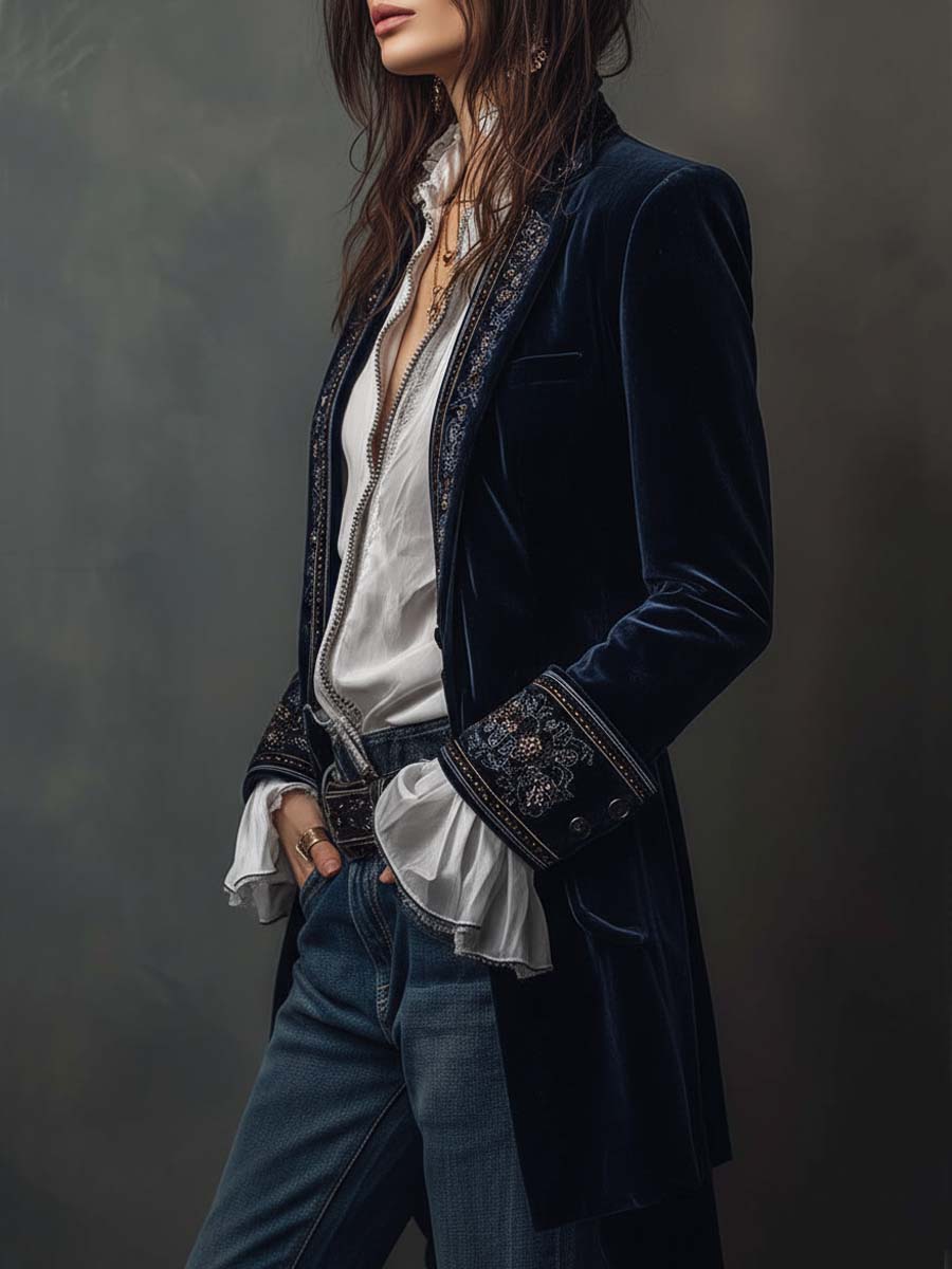 Carmela | Giacca Lunga Vintage in Velluto Blu Navy con Ricami