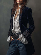 Carmela | Giacca Lunga Vintage in Velluto Blu Navy con Ricami