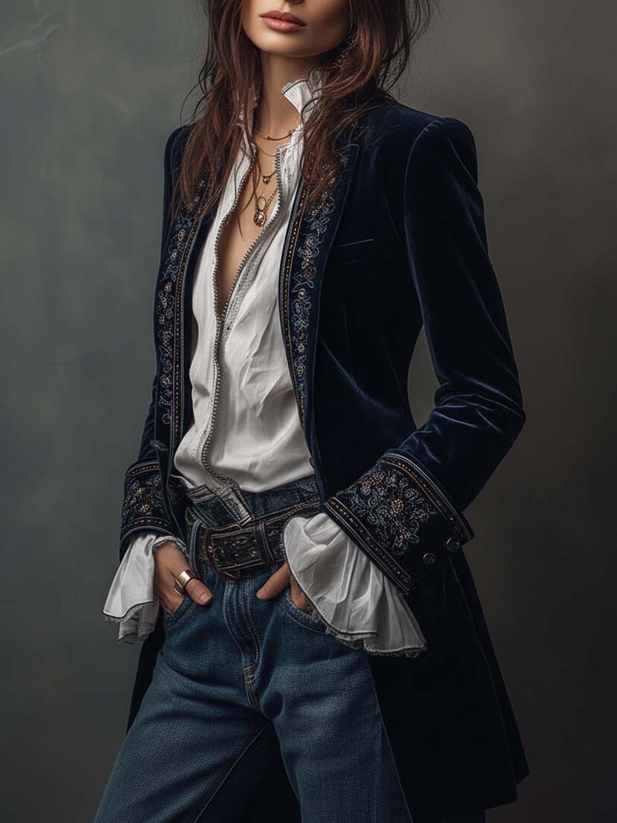 Carmela | Giacca Lunga Vintage in Velluto Blu Navy con Ricami