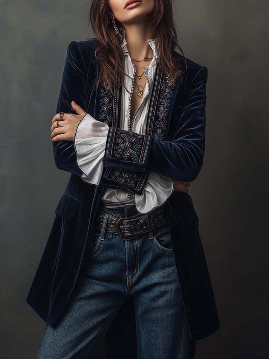 Carmela | Giacca Lunga Vintage in Velluto Blu Navy con Ricami
