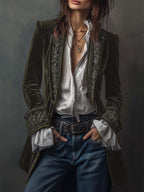 Carmela | Giacca Lunga Vintage in Velluto Blu Navy con Ricami