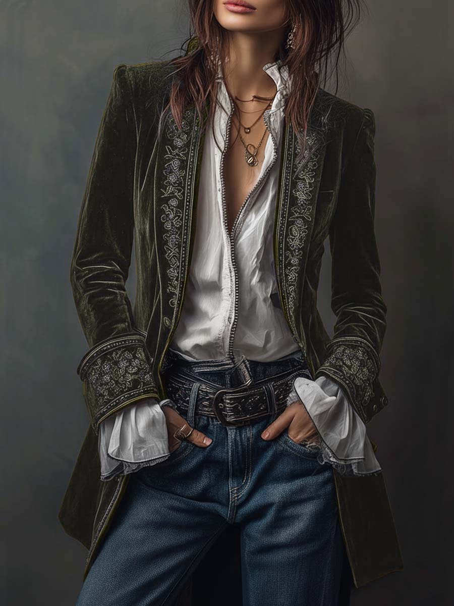 Carmela | Giacca Lunga Vintage in Velluto Blu Navy con Ricami