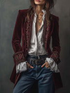 Carmela | Giacca Lunga Vintage in Velluto Blu Navy con Ricami