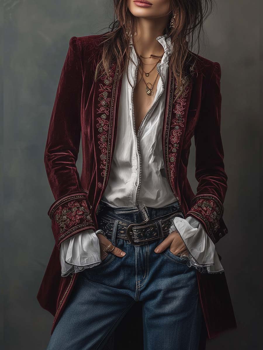 Carmela | Giacca Lunga Vintage in Velluto Blu Navy con Ricami