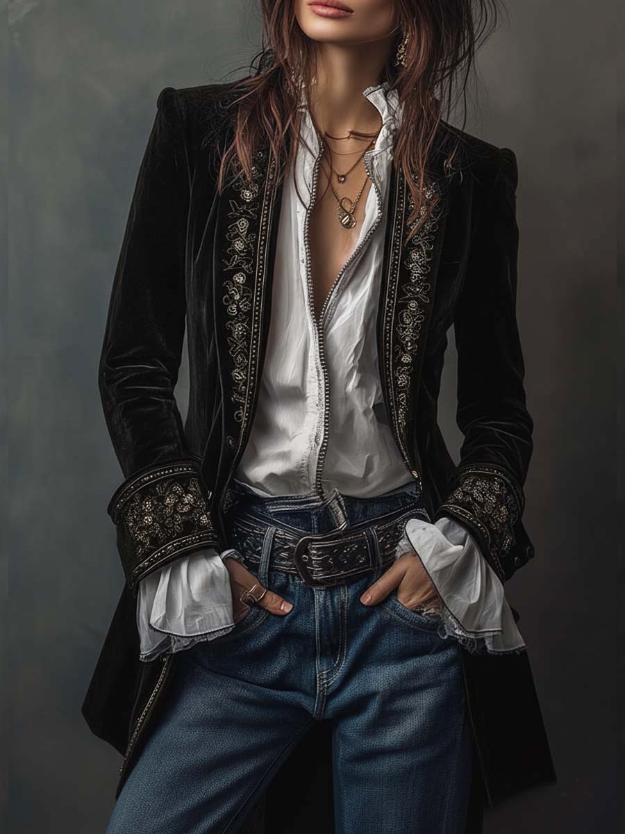 Carmela | Giacca Lunga Vintage in Velluto Blu Navy con Ricami