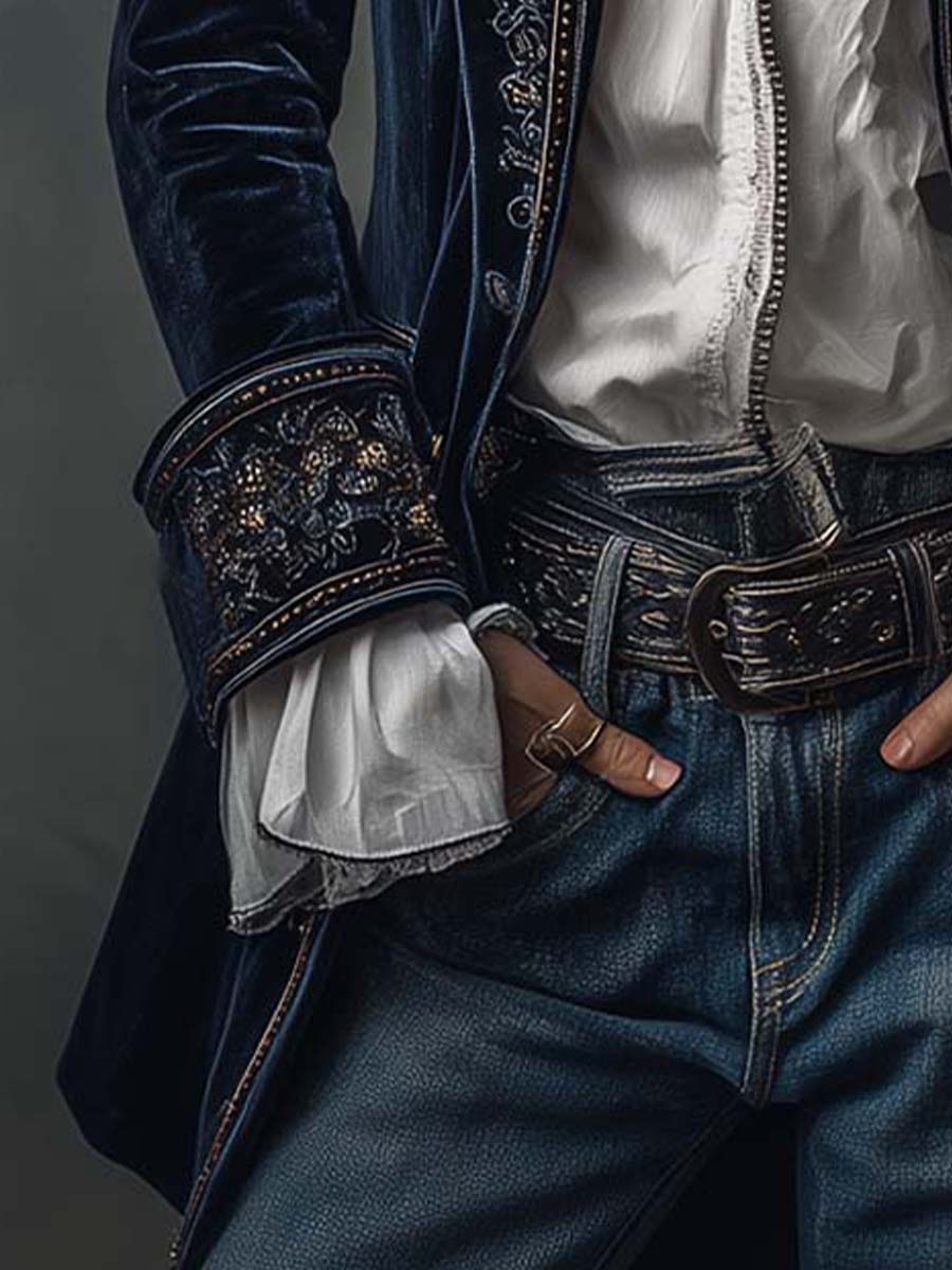 Carmela | Giacca Lunga Vintage in Velluto Blu Navy con Ricami