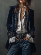 Carmela | Giacca Lunga Vintage in Velluto Blu Navy con Ricami