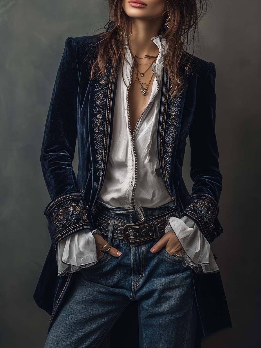 Carmela | Giacca Lunga Vintage in Velluto Blu Navy con Ricami