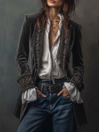 Carmela | Giacca Lunga Vintage in Velluto Blu Navy con Ricami