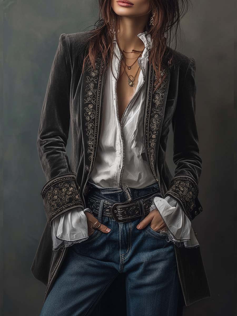 Carmela | Giacca Lunga Vintage in Velluto Blu Navy con Ricami